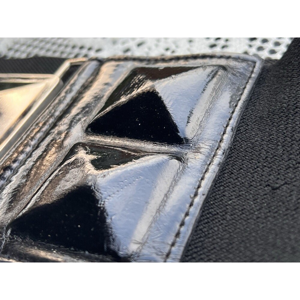 Vintage 1980s Wide Elastic Waist Belt Silver Geometric Buckle Black Patent Glam - Picture 5 of 8